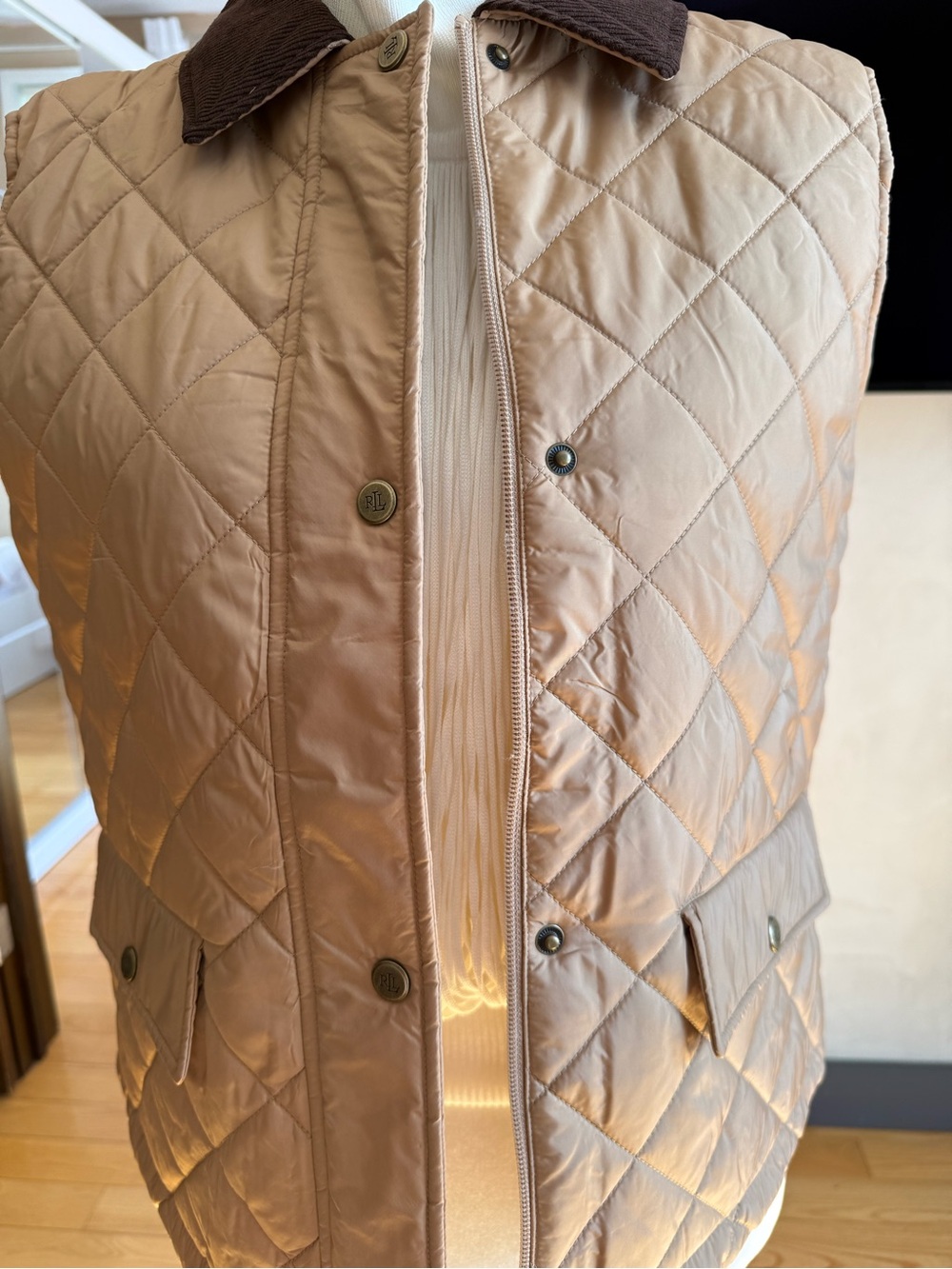 Ralph Lauren Quilted Tan Vest with Brown Corduroy Collar